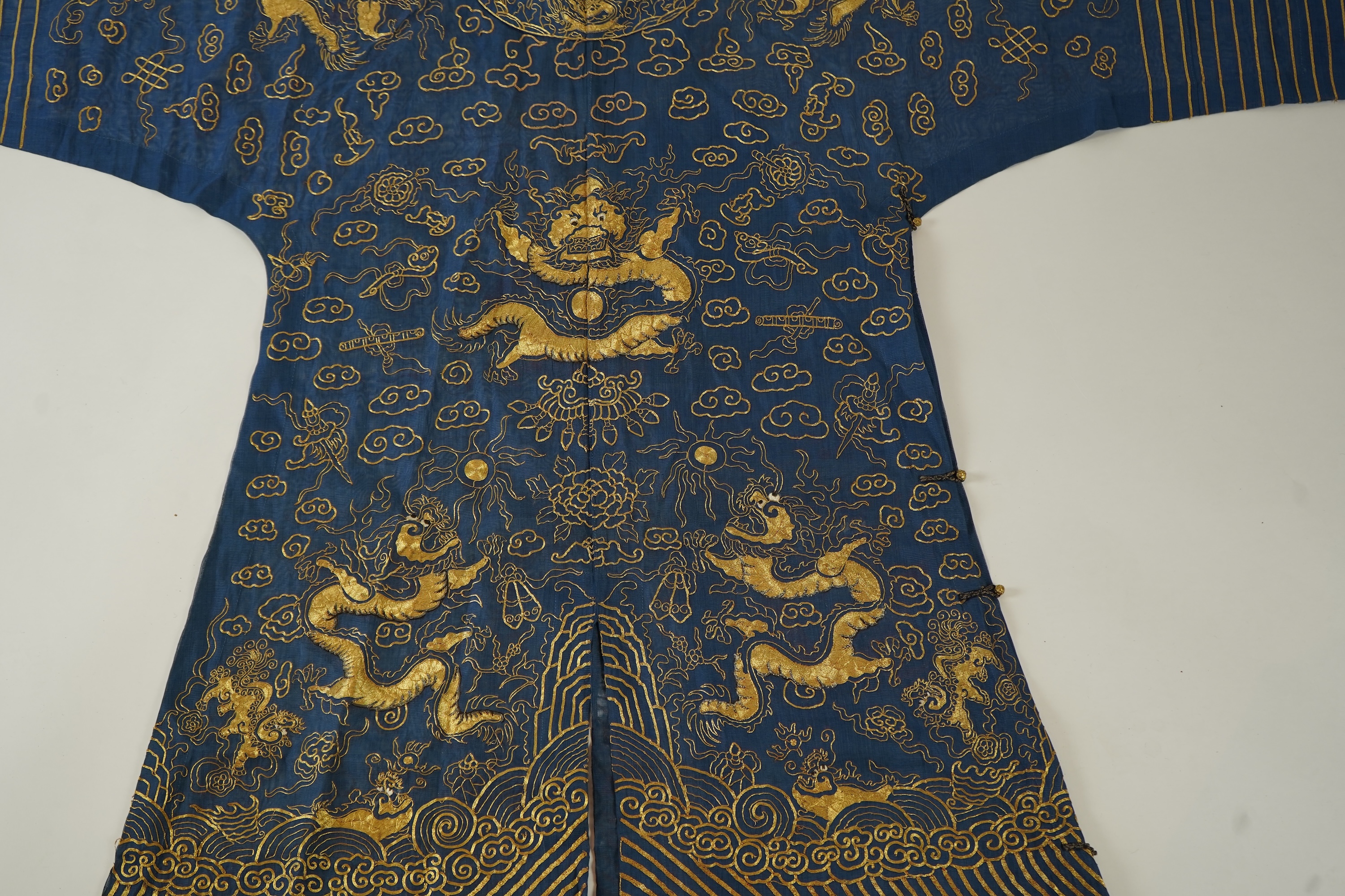 A Chinese gold thread and silk gauze ‘dragon’ summer robe, jifu, early 20th century